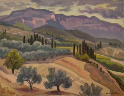 Pyrgos Area Evening, Olive Trees, Mountains, Clouds — Oil painting, Canvas, 50.00×65.00cm — Theodoros Markellos